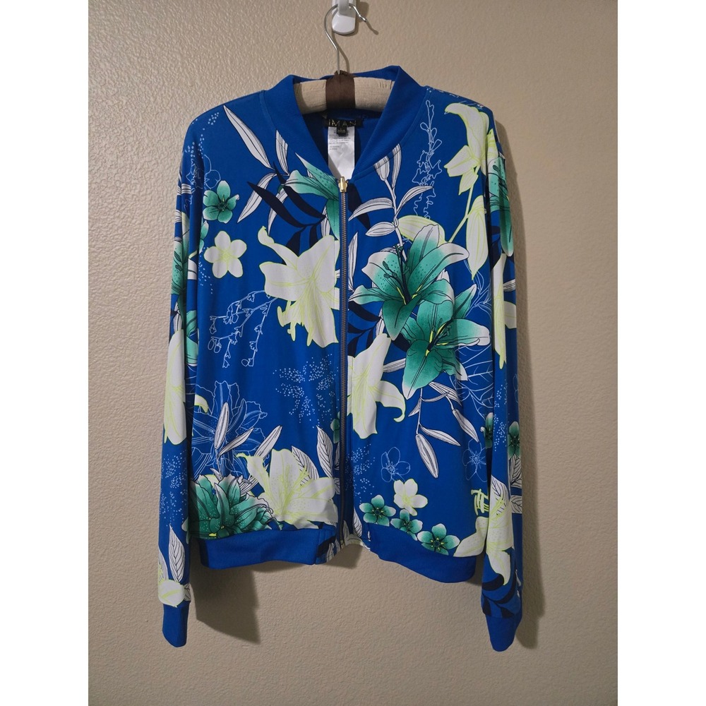 IMAN Global Chic Blue Floral Tropical Bomber Jacket Womens Large Zip Up Pocket